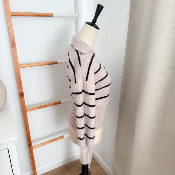 Reformation Beckie Stripe Cashmere Sweater V-neck Brown Black Collared - Picture 4 of 11